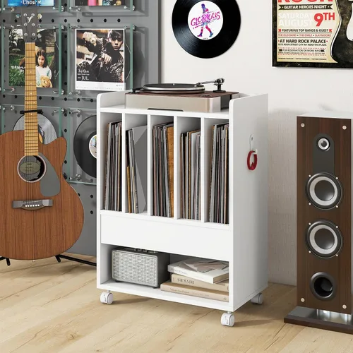 Miniatura 2 de Giantex Soporte para tocadiscos, soporte giratorio con cajón, gancho y ruedas con bloqueo, estante de exhibición de discos de vinilo con capacidad