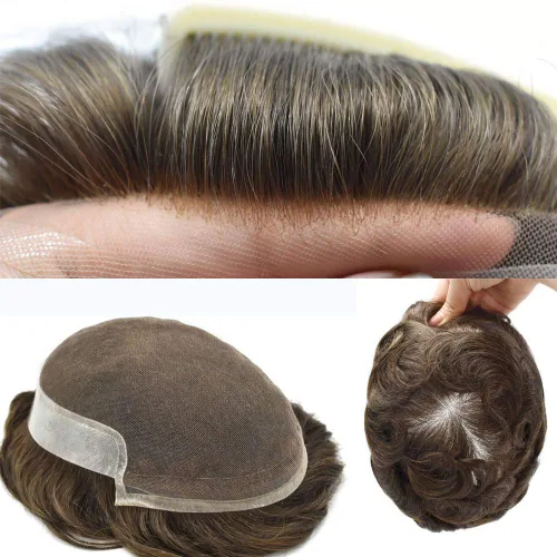 Miniatura 61 de Tupé de encaje suizo para hombres, piezas de cabello humano real, encaje frontal, sistema de reemplazo de cabello tipo tupé, nudo blanqueado, línea