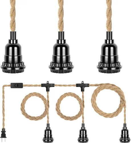 Lámpara colgante enchufable, 20 pies, 3 bombillas, lámpara colgante con cable con interruptor, casquillo de bombillas E26, lámparas aéreas