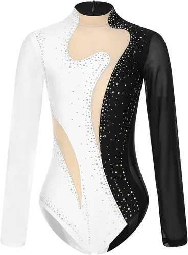 Miniatura 68 de iiniim Leotardo de malla para mujer, con diamantes de imitación, de malla, de manga larga, leotardos de gimnasia