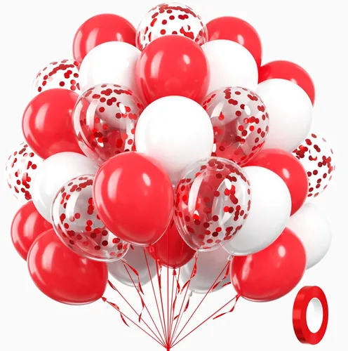 60 globos rojos y blancos de 12 pulgadas con globos de confeti blanco y rojo para boda, compromiso, Navidad, día de San Valentín, cumpleaños, Rojo y