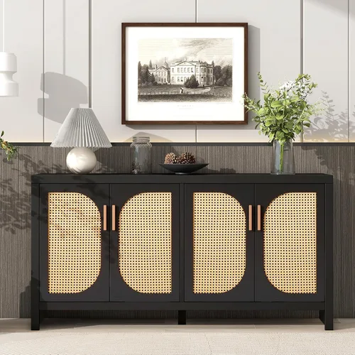Linique Moderno soporte de TV para TV de 65 pulgadas con puertas de ratán de polietileno y estantes ajustables, armario de almacenamiento para
