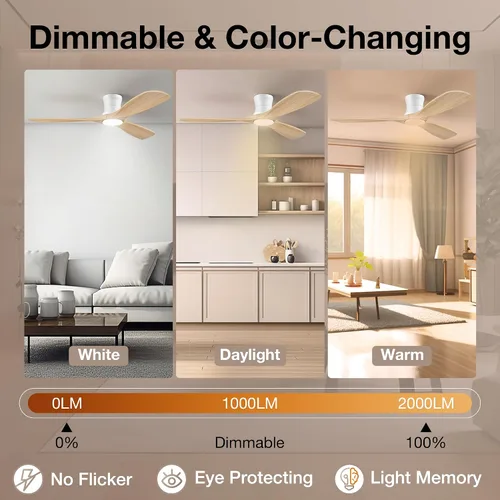 Miniatura 6 de Hoenofly - Ventilador de techo inteligente de 52" de madera con montaje empotrado, luces y control remoto, motor CC silencioso, ventilador de techo