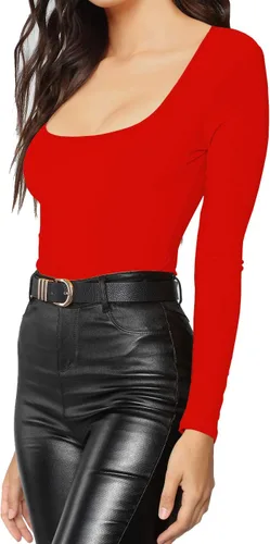 Miniatura 78 de MANGDIUP Body esencial para mujer, cuello redondo, manga larga, ajustado, elástico, de algodón y elastano