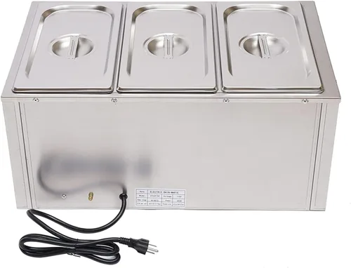 Calentador eléctrico comercial de alimentos de 22.2 cuartos de galón, 850 W, mesa de vapor de 3 bandejas, encimera de buffet Bain Marie de acero