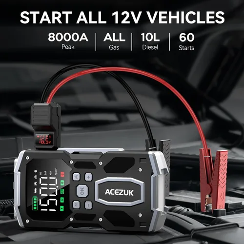 Miniatura 4 de ACEZUK - Arrancador portátil para automóvil con compresor de aire, 160PSI 8000A (todo gasolina/10.0L diesel), batería de 12 V con pantalla LCD