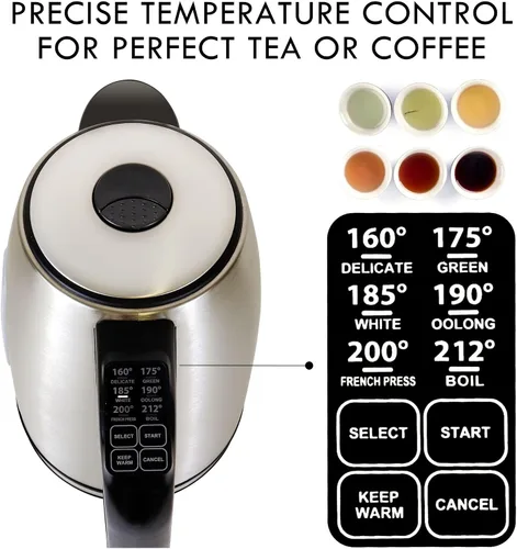 Miniatura 3 de Kenmore - Hervidor digital inalámbrico de 1.7 L/1.8 cuartos de galón, hervidor eléctrico de acero inoxidable con control de temperatura digital