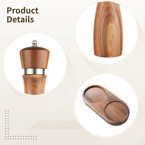 Miniatura 3 de Molinillo de pimienta de madera de acacia de 8 pulgadas con anillo de acero, juego de molinillo de sal y pimienta con cuchara y base, regalo