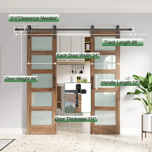 Miniatura 9 de FREDBECK Puertas de granero de vidrio dobles de 24 x 84 pulgadas, puerta de granero de 48 pulgadas con kit de herrajes de 8 pies y mango incluido, 5