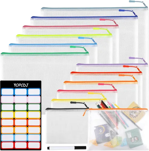 Miniatura 12 de YOPCDJ 12 bolsas de malla con cremallera, bolsa de rompecabezas A5 (12 colores, 12 paquetes) para organizar, bolsa de almacenamiento imprescindible