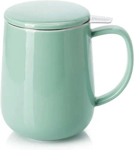 Miniatura 10 de Sweese Taza de té de porcelana de 20 onzas con infusor y tapa, taza de té grande para té suelto, apta para microondas y lavavajillas, aislada, Azul
