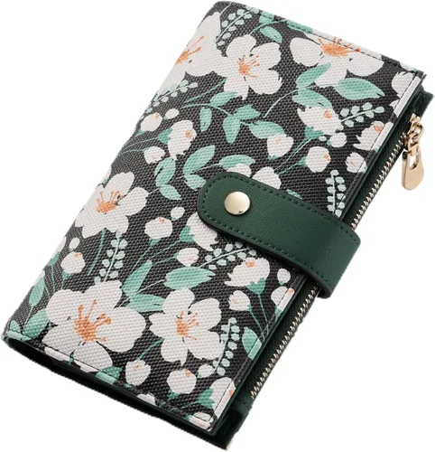 Miniatura 13 de yiijay Cartera para mujer con bloqueo RFID, de cuero vegano, triple pliegue, tarjetero para tarjetas de crédito, cartera de viaje con soporte