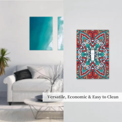 Miniatura 7 de Placa de interruptor de luz de palanca individual con diseño de flor de mandala, diseño bohemio, hippie, rojo, 1 banda, placa de pared decorativa