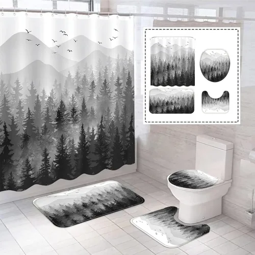 Fungarth Juego de 4 cortinas de ducha de bosque brumoso negro y blanco con alfombra, juegos de baño de montaña con cortina de ducha de tela