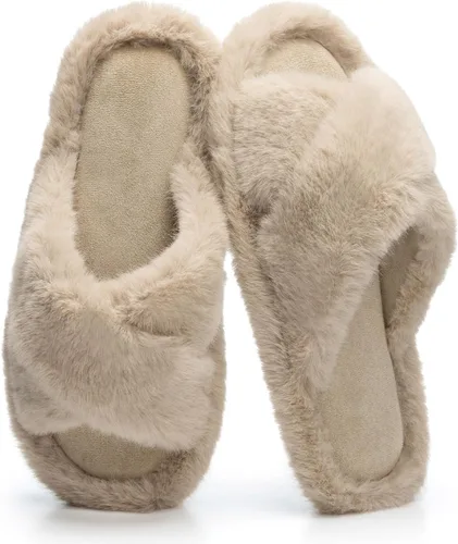 Miniatura 15 de Pantuflas mullidas para mujer, con banda cruzada, zapatos de casa para mujer, espuma viscoelástica, puntera abierta, silenciosas