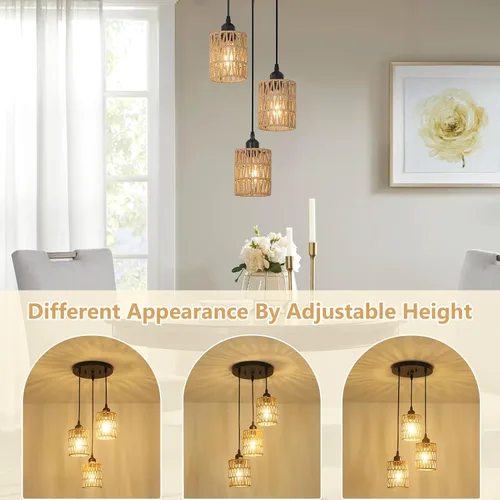 Miniatura 3 de LAMSU Lámpara colgante de 3 luces de ratán, accesorios de iluminación de techo estilo granja para comedor, lámpara colgante estilo boho