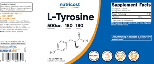 Miniatura 8 de Nutricost L-Tirosina 500 mg, 180 cápsulas - Sin gluten y sin OMG