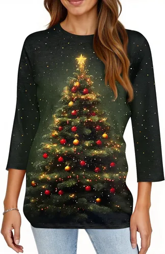 Miniatura 107 de Camisetas de manga 3/4 para mujer, cuello redondo, holgadas, casuales, con estampado floral, camisetas de moda para el trabajo de negocios