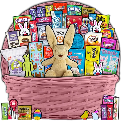 Miniatura 9 de Cesta de Pascua morada para niños y adultos (40 artículos) – Cesta de regalo llena de caramelos, bocadillos, golosinas y conejo de Pascua de peluche