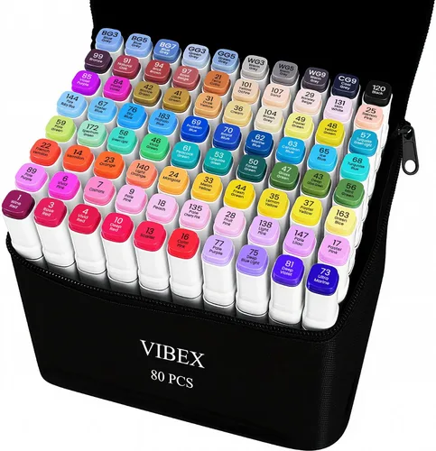 VIBEX Marcadores de alcohol de 80 colores con base de doble punta para adultos y niños, cómics, colorear, bocetos, ilustraciones, recargables (80