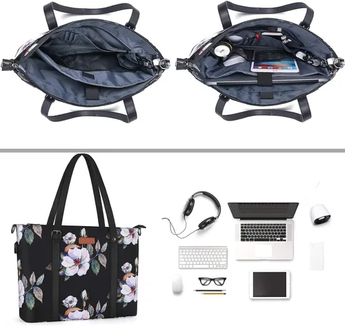 Miniatura 5 de MOSISO Bolsa de mano para laptop con puerto USB (13-13.3 pulgadas) con asa superior ajustable, bolsa para computadora portátil para mujeres, hibisco