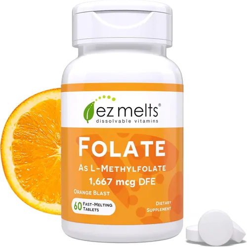 EZ Melts Folato soluble 1,667 mcg DFE - Suplemento de folato metilado - Salud del corazón y desarrollo fetal saludable - Sin OMG, vegano y sin