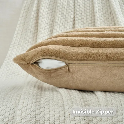 Miniatura 3 de FUTEI - Juego de 2 fundas de almohada decorativas con rayas, cuadradas, para invierno, piel sintética de conejo suave y acogedora y respaldo de Camel