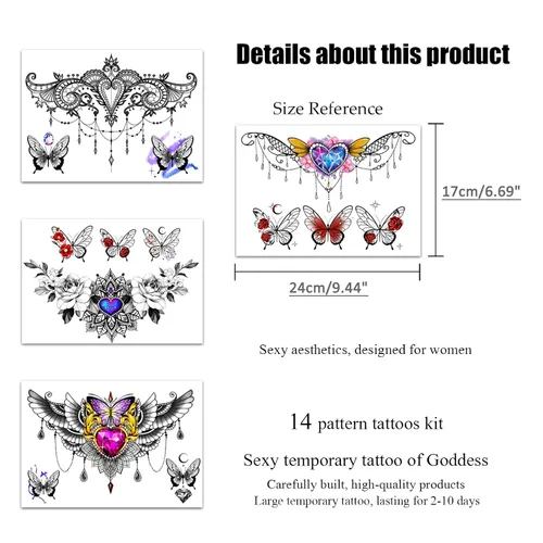 Miniatura 6 de ROARHOWL Tatuaje Temporal Sexy para Mujeres Juego de Tatuajes Sexys Hermosos Exquisitos Flores Realistas en 3D, Mariposa, Abdomen, Pecho, Cintura