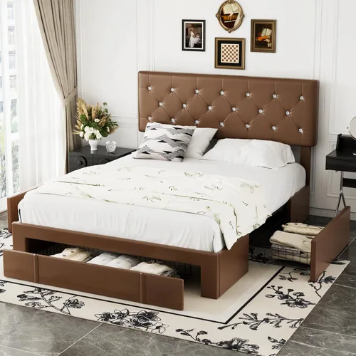 Miniatura 30 de VECELO Base de cama de tamaño individual, plataforma tapizada con cabecera ajustable de diamante, soporte de listones de madera, no necesita somier