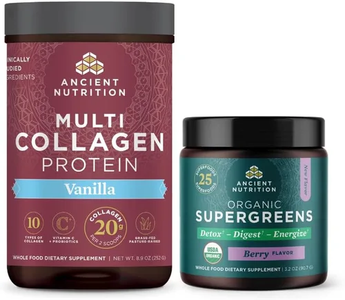 Ancient Nutrition Proteína en polvo multicolágeno, vainilla, 24 porciones + polvo orgánico Supergreens, baya, 12 porciones
