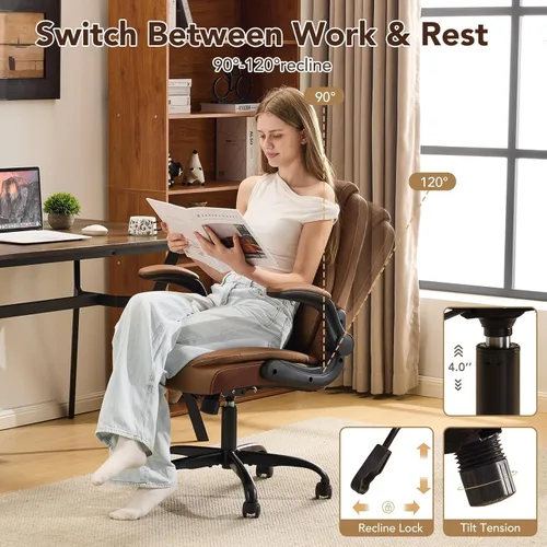 Miniatura 5 de YFO Silla ergonómica de cuero para oficina en casa, silla de oficina ejecutiva giratoria con soporte trasero con ruedas y reposabrazos abatibles