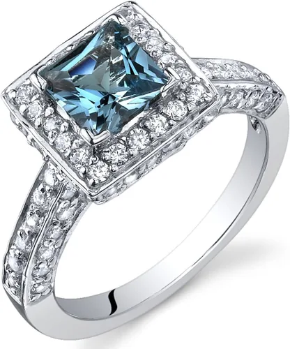 Peora London Anillo de talla princesa con topacio azul en plata de ley, piedra preciosa natural, diseño de solitario de halo vintage, 1 quilate,