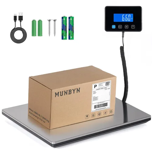 MUNBYN Báscula de envío, báscula postal digital de 440 lb/1.8 oz para paquetes con función de retención/tara, LCD retroiluminado, batería y cable