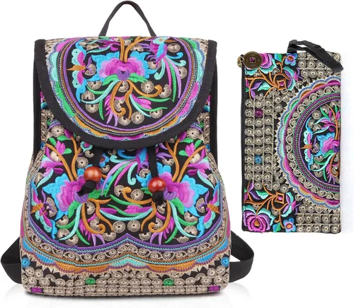 Mochila bordada para mujer, bolso de hombro de diseño vintage, con pequeño cordón ajustable, estilo casual, ideal para viajes, uso diario