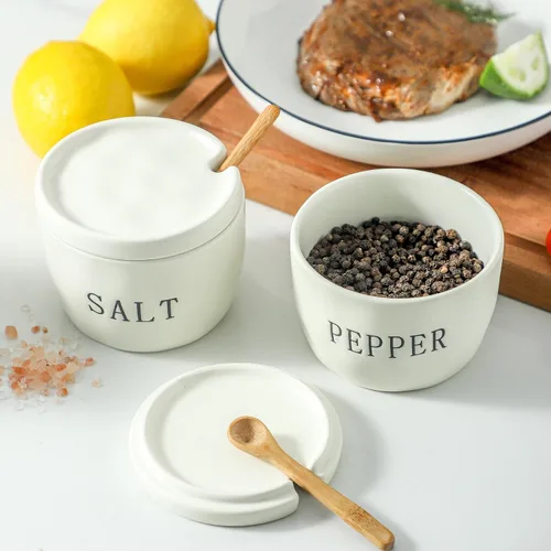 Miniatura 6 de Juego de 2 cuencos de sal y pimienta, recipientes de cerámica para sal y pimienta con tapa y cuchara, juego de soporte de sal y pimienta blanca