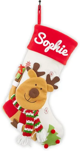 Miniatura 11 de Calcetines de Navidad personalizados para perros, patas de perro con nombre, sherpa sintético blanco con puño a cuadros rojos y detalles de hueso
