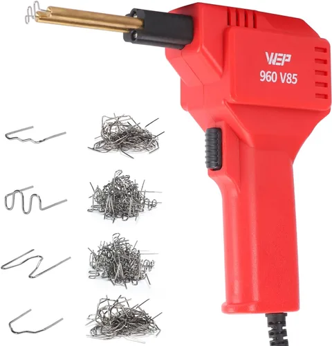 WEP 960-V85 - Kit de soldador de plástico de alta potencia con luces LED con 200 grapas calientes y alicates para soldadura de plástico grueso para