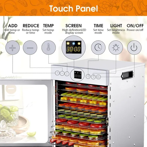 Miniatura 6 de Deshidratador de alimentos para carne seca, 12 bandejas de acero inoxidable, deshidratador de frutas de 1200 W, temporizador de 24 horas y control