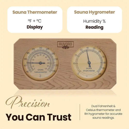 Miniatura 5 de Termómetro e higrómetro de sauna 2 en 1 - Hecho a mano con madera de cedro rojo canadiense - Medidor analógico de temperatura y humedad - Fahrenheit