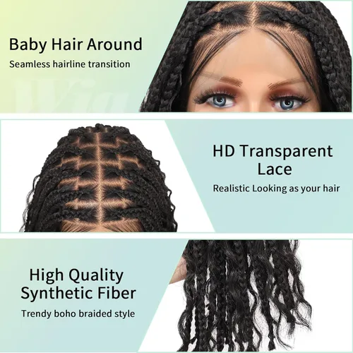 Miniatura 3 de Pelucas trenzadas Fecihor para mujeres, pelucas delanteras de encaje sin nudos con cabello de bebé, trenza tipo "box", 13x8 pulgadas, pelucas