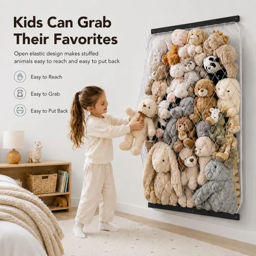 Miniatura 4 de Red de almacenamiento de animales de peluche, soporte elástico para juguetes de peluche, longitud de montaje en puerta/pared, organizador