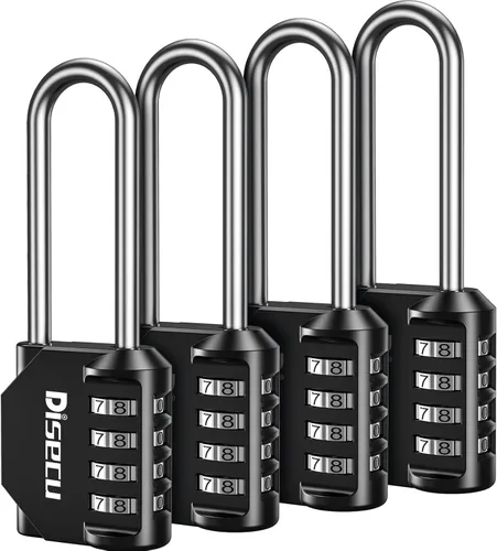 Paquete de 4 candados de combinación disecu de grillete largo de 2.6 pulgadas, candado impermeable para exteriores de 4 dígitos para casillero Negro