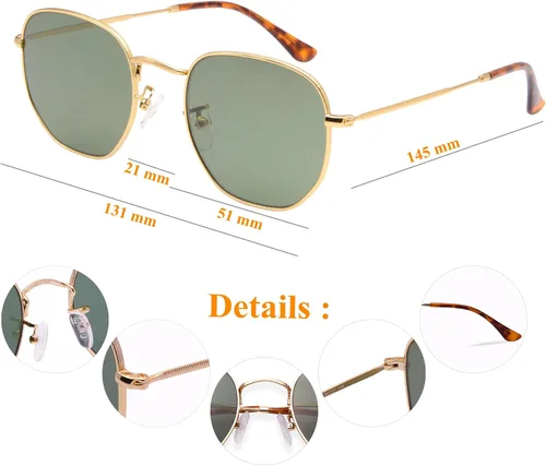 Miniatura 6 de Lentes de sol hexagonales con lente de cristal retro para hombres y mujeres, marco de metal cuadrado vintage, lentes planas, lentes de sol