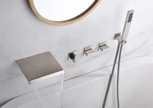 Miniatura 4 de Grifo de bañera de montaje en pared de níquel cepillado con ducha de mano y caño de cascada ancho alto caudal, SUMERAIN