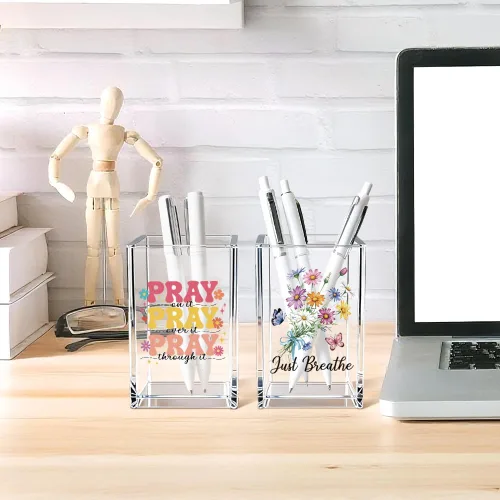 Miniatura 4 de Just Breathe - Paquete de 2 portalápices cosméticos de acrílico, organizador de brochas de maquillaje inspirador, regalos de fe para mujeres