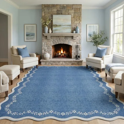 Miniatura 92 de GarveeHome Alfombra de entrada festoneada, 2 x 3, color azul sólido, lavable, alfombra floral para entrada interior, alfombra floral antideslizante