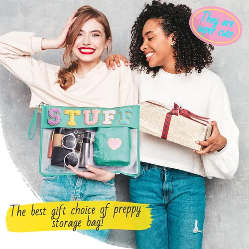 Miniatura 6 de Bolsa con letras de chenilla para viajes, A-Verde menta, Bolsa de maquillaje transparente a