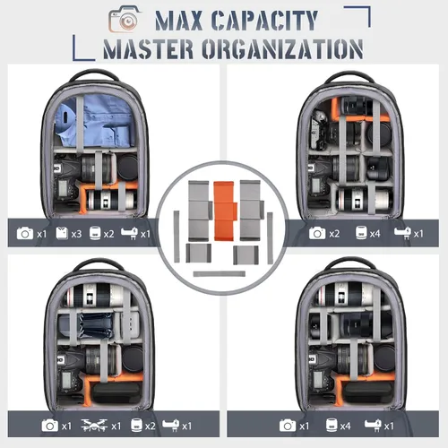 Miniatura 7 de RAINSMORE Mochila para cámara de carcasa dura para DSLR/SLR, bolsa impermeable para cámara con compartimento para laptop de 15.6 pulgadas, estuche