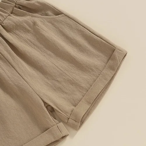 Miniatura 7 de Conjunto de 2 piezas de ropa de algodón y lino de manga corta con botones y pantalones cortos de cintura elástica para bebé niño