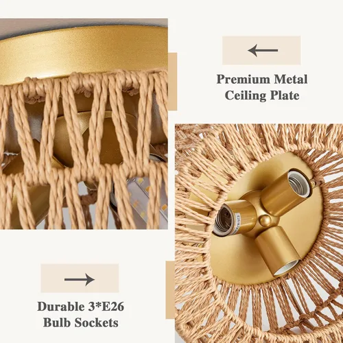 Miniatura 4 de Lámparas de techo de ratán, montaje en techo, 3 luces, lámpara de techo de montaje empotrado estilo boho, lámpara de sombra de jaula tejida a mano